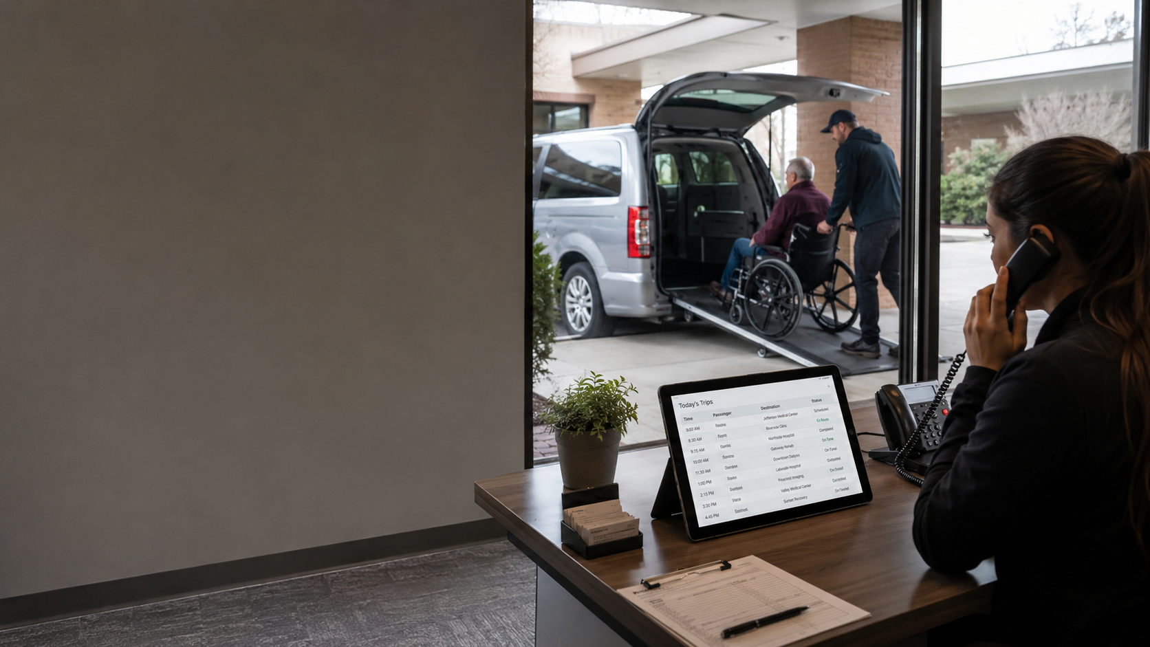 Trip-Ledger dispatcher coordinating care transportation beside an accessible van scene